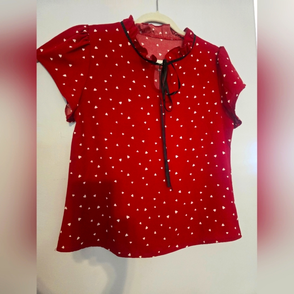 Women's Medium Red Blouse with Heart Pattern